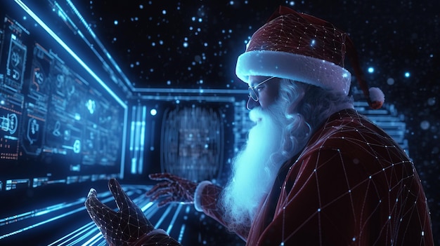 Navidad Santa Claus en primer plano de año nuevo en el fondo de la electrónica de la consola de inteligencia artificial