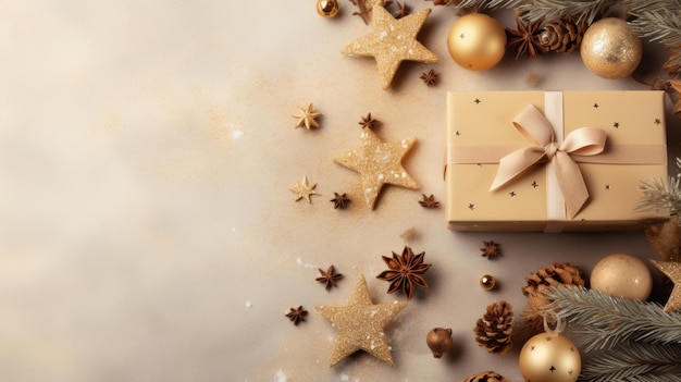 Navidad sobre un fondo dorado claro con una hermosa caja de regalo dorada con cinta roja, ramas de abeto, conos, estrellas y galletas navideñas
