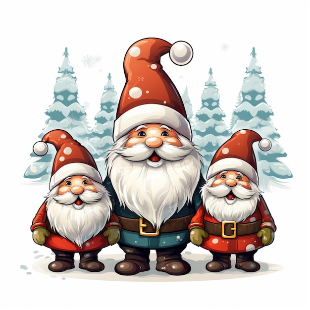 Foto navidad tres gnomos con sombrero sobre fondo blanco