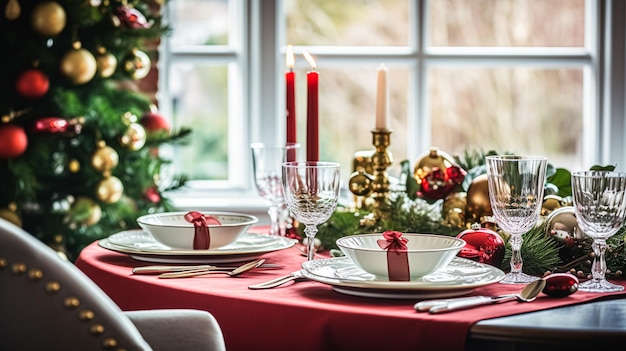 Navidad vacaciones familia desayuno mesa puesta decoración y mesa festiva paisaje inglés estilo de campo y hogar