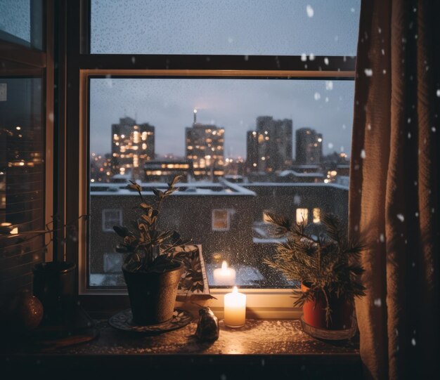 Navidad desde la ventana con nieve cayendo en el fondo