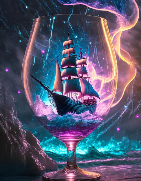 Foto navio a vela dentro de um copo de vinho durante uma tempestade foto synthwave neon cyberpunk fantasia