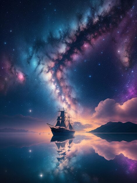 Foto navio a vela no céu noturno com estrelas e nuvens renderização 3d ai gerado