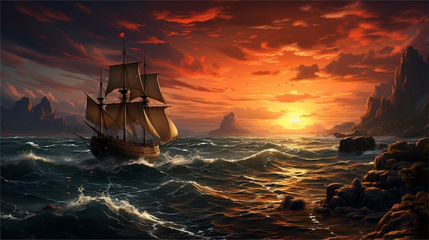 Foto navio a vela no mar ao pôr-do-sol ilustração 3d