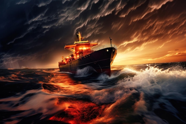 Foto navio através de uma forte tempestade no oceano altas ondas vento forte tempestades nuvens baixa luz solar