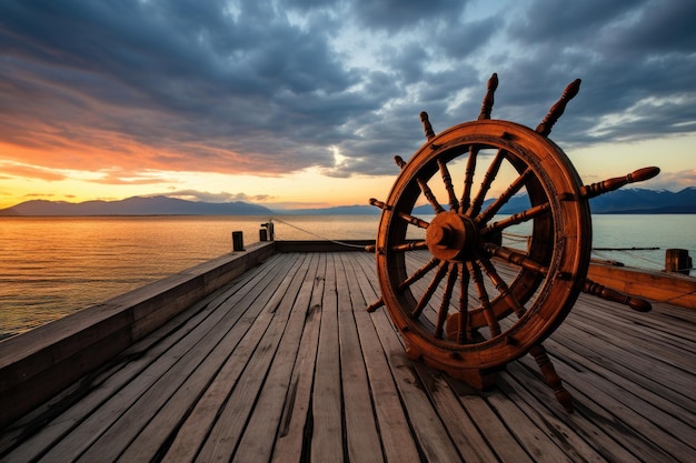 Navio com roda de madeira ao pôr do sol no lago Issyk Kul