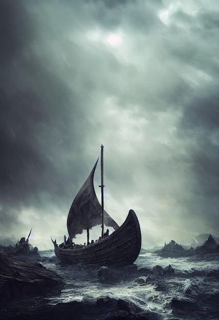 Foto navio de batalha dos vikings no meio do mar tempestuoso