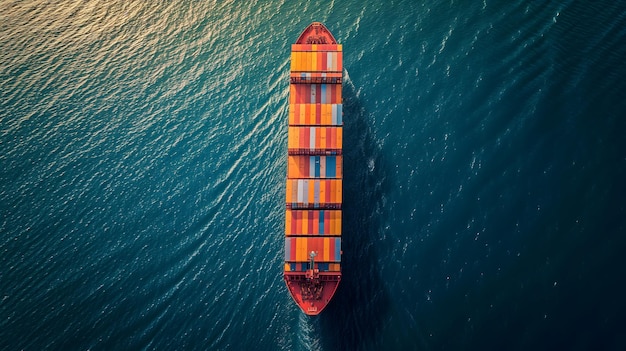 Navio de carga cheio de contêineres de transporte padrão no mar durante o transporte diurno