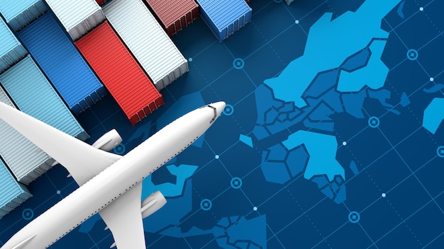 Navio de carga de contêiner e avião na logística de negócios de importação e exportação no mapa mundial digital