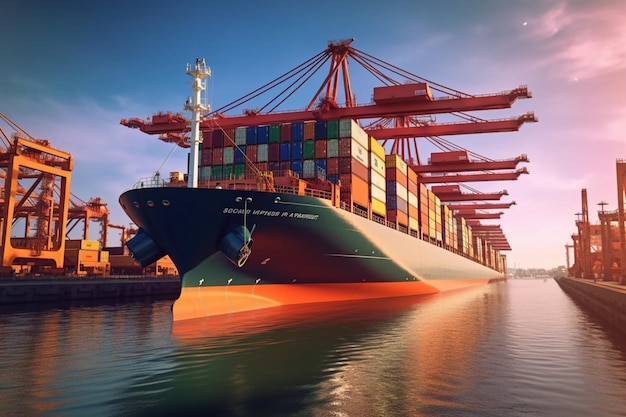 Navio de carga de contêineres com ponte de guindaste de trabalho ao pôr do sol Fundo logístico de importação e exportação