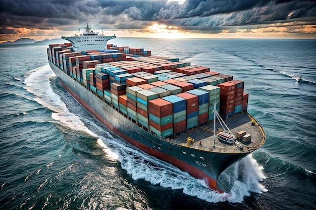 Navio de carga navegando no oceano o navio pode transportar uma carga completa de contêineres