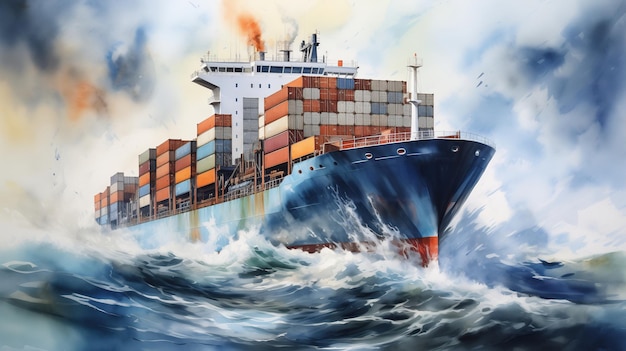 navio de contêineres no oceano durante uma tempestade incrivelmente poderosa ilustração de aquarela dramática do céu