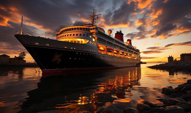 Navio de cruzeiro atracado na água ao pôr-do-sol