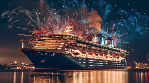 Foto navio de cruzeiro com fogos de artifício no céu noturno renderização em 3d
