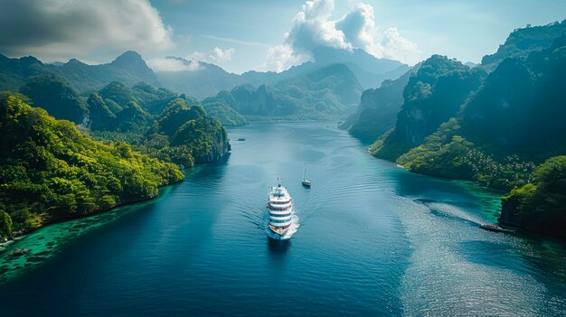 Navio de cruzeiro navegando por majestosos fiordes montanhosos