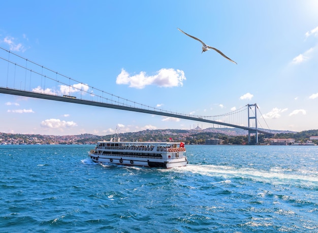 Navio de cruzeiro sob a ponte do Bósforo Istambul Turquia