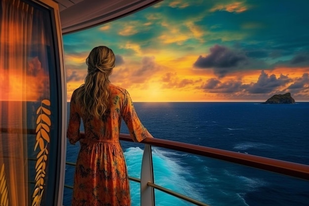 Foto navio de cruzeiro viagens de férias de luxo mulher elegante assistindo ao pôr do sol sobre o mar do caribe no convés do barco