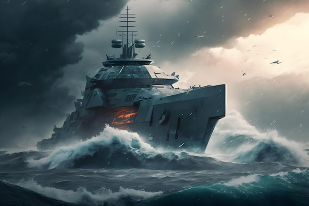 Navio de guerra no mar durante uma tempestade Arte gerada por IA da rede neural