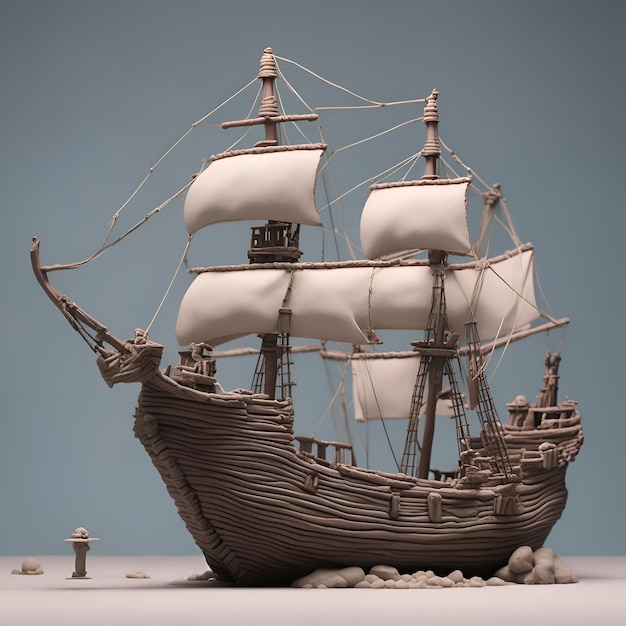 Navio de madeira com velas em uma renderização 3d de fundo cinza