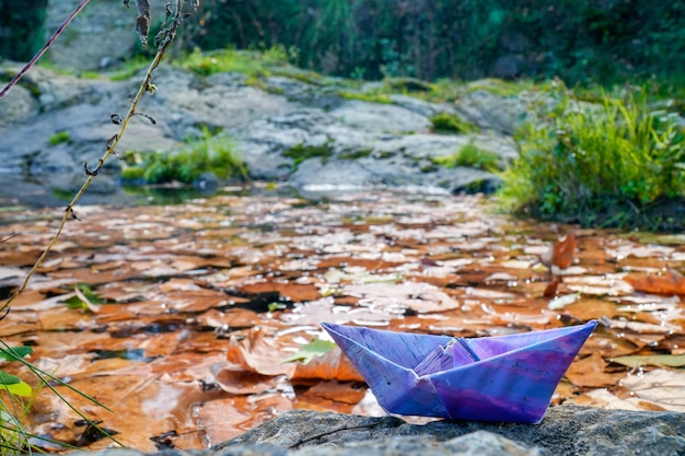 Navio de papel origami flutuando em folhas de outono na água