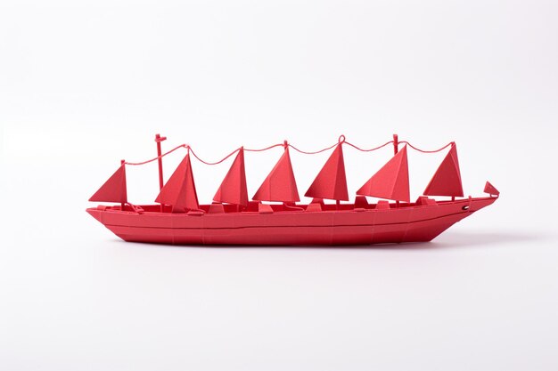 Foto navio de papel origami vermelho liderando o grupo de brancos