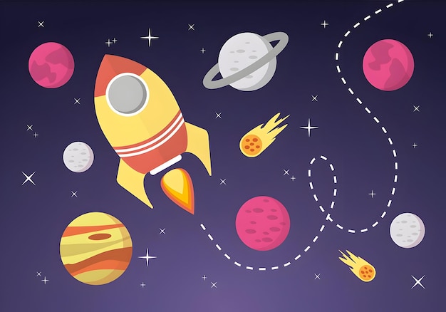 Navio-fogo explorando o espaço com planetas e estrelas