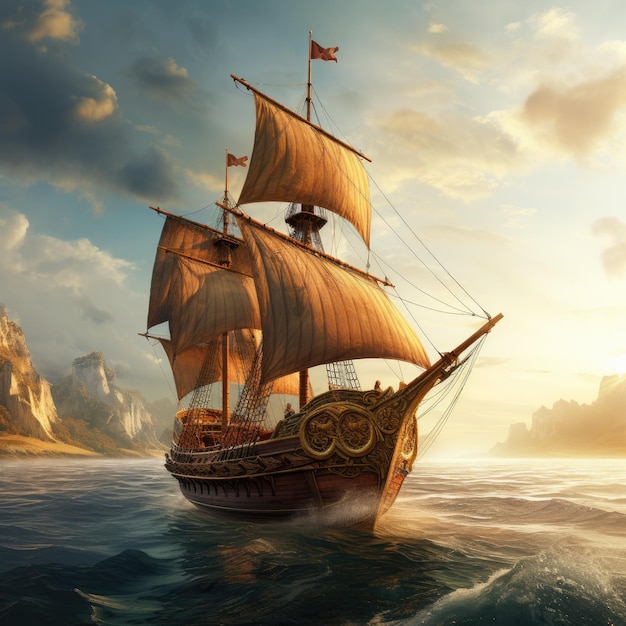 Navio medieval navegando em direção a um exótico