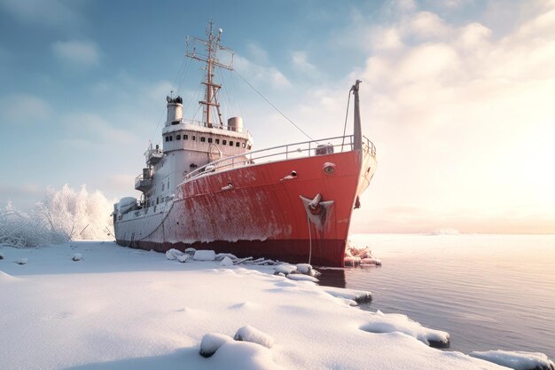 navio navega pelo gelo do Oceano Árticoluzes do nortevista do nível da água