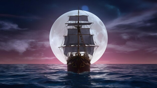 Navio no mar contra o fundo da lua e o belo céu ilustração 3d