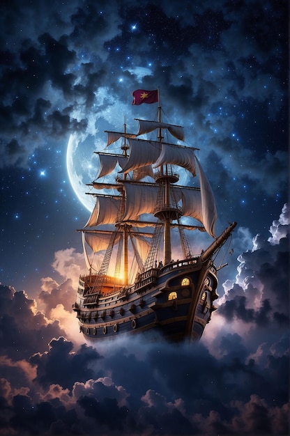 Foto navio pirata a voar pelas nuvens.
