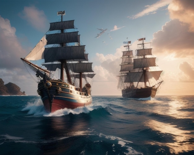 Navio pirata cênico nos belos mares