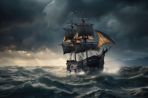 Navio pirata com tesouro e luneta visível navegando no mar tempestuoso
