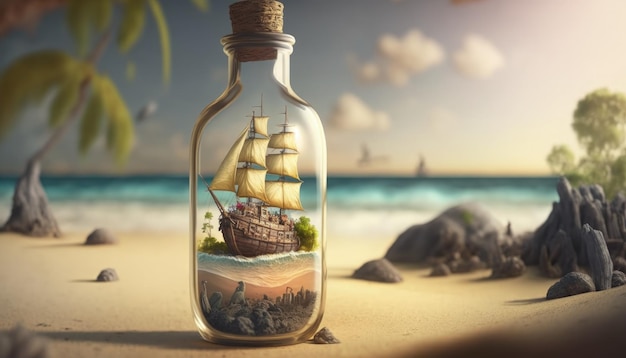 Navio pirata dentro de uma ilha de garrafa de vidro, mar e céu ao fundo Generative AI