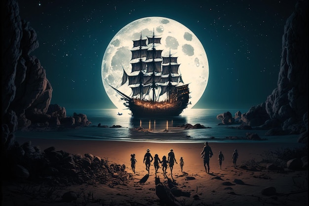 Navio pirata na praia à noite com a lua ao fundo Generative AI