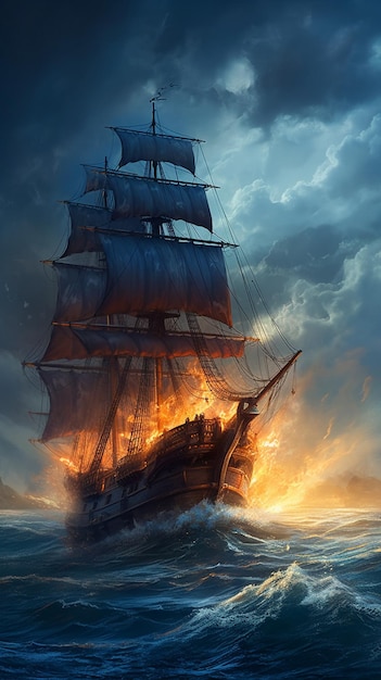 Navio pirata no mar ao pôr-do-sol