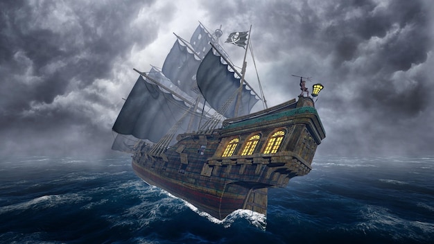 Navio pirata no mar tempestuoso
