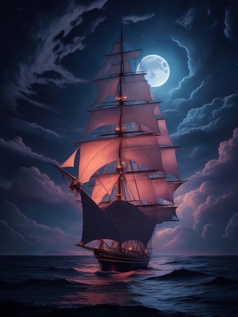 Navio pirata no oceano em fundo de lua cheia Velho navio a vela no mar Navio de expedição Trav