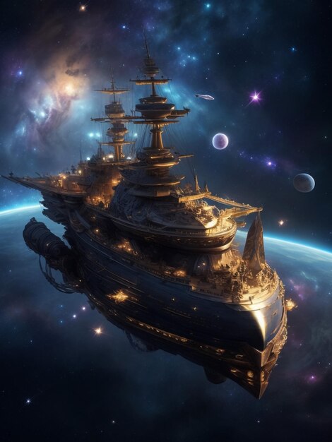 Foto navio pirata no oceano em fundo de lua cheia velho navio a vela no mar navio de expedição trav