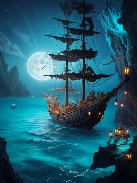 Foto navio pirata no oceano em fundo de lua cheia velho navio a vela no mar navio de expedição trav