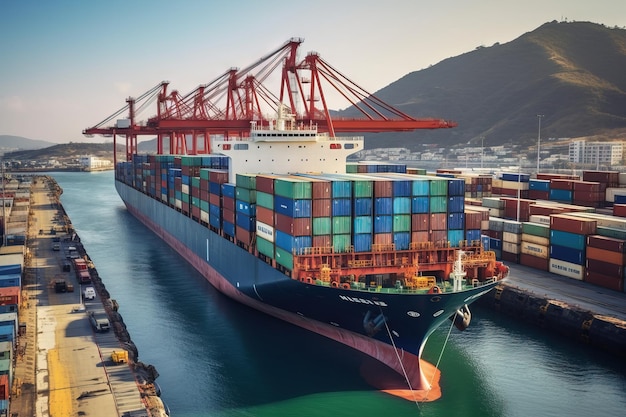 Navio porta-contêineres carregando com guindaste de cais Transporte logístico comercial comercial IA generativa