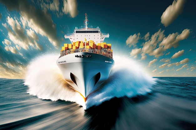 Foto navio transportando produtos em contêineres em alta velocidade para importação e exportação