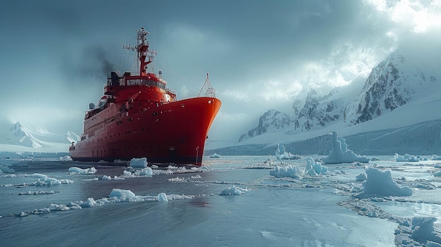 Navio vermelho no gelo flutuante na Antártida