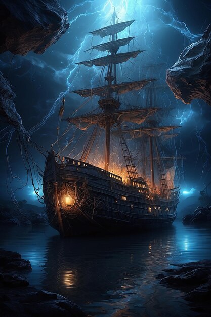 Navios de cypark de cor néon pirata lutando durante uma tempestade