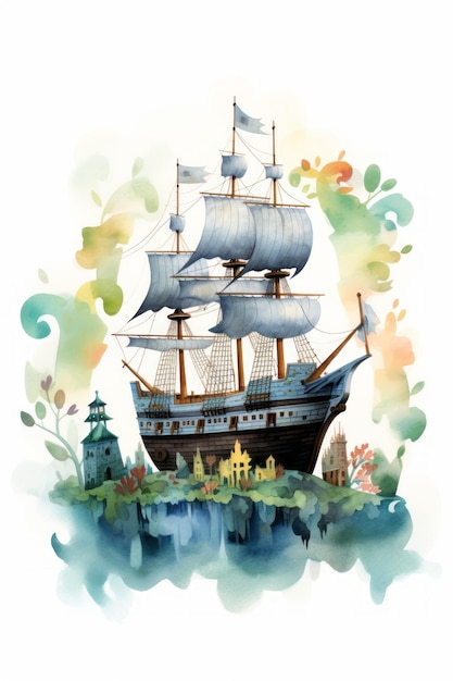 Navios e velas piratas em estilo aquarela em fundo branco Criados com tecnologia de IA generativa