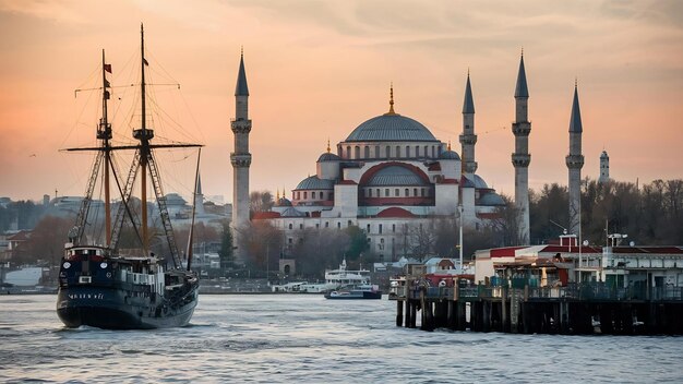 Foto navios no cais de eminonu do bósforo e na mesquita de suleymaniye em istambul