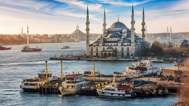 Navios no cais de Eminonu do Bósforo e na mesquita de Suleymaniye em Istambul