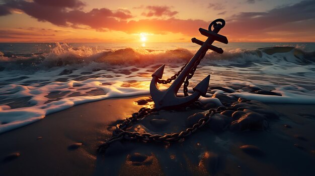 Áncora y cuerda en la playa al atardecer