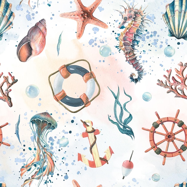 Âncora de volante de vida marinha e bóia salva-vidas Ilustração em aquarela Padrão sem costura em um fundo branco da coleção SYMPHONY OF THE SEA Para o design de papel de parede de tecidos