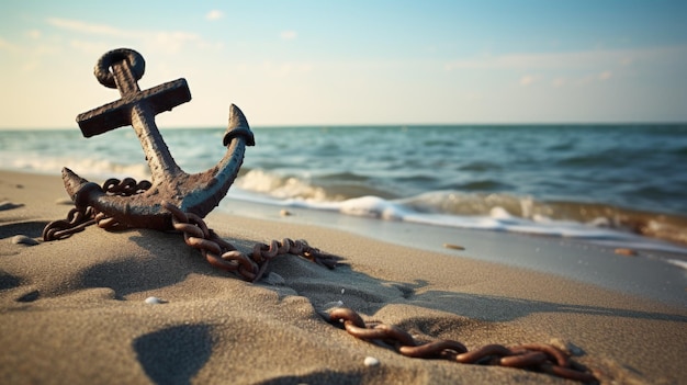 Áncora en la playa con cadena y mar ai