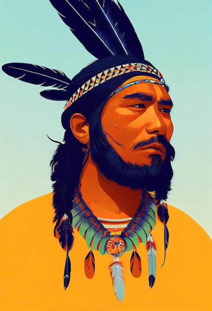 Índio Cherokee com penas em sua ilustração de cabeça